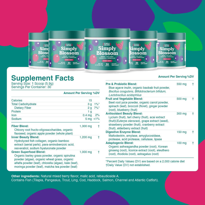 [Australia] - Simply Nature's Promise Blossom Nutrition Daily Greens & Superfood Powder + Collagen + Probiotics for Women's Digestive Health & Bloating Relief. Help Your Health Bloom - 30 Day Supply 