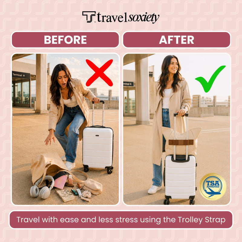 Trolley Strap, TSA Approved, Travel Accessory, Dark Brown | Magnetic, Over Suitcase Handle, Attaching Carry-On Bag, Add-a-Bag Sleeve for Tote, Backpack & Purse, Hands-Free, Neodymium