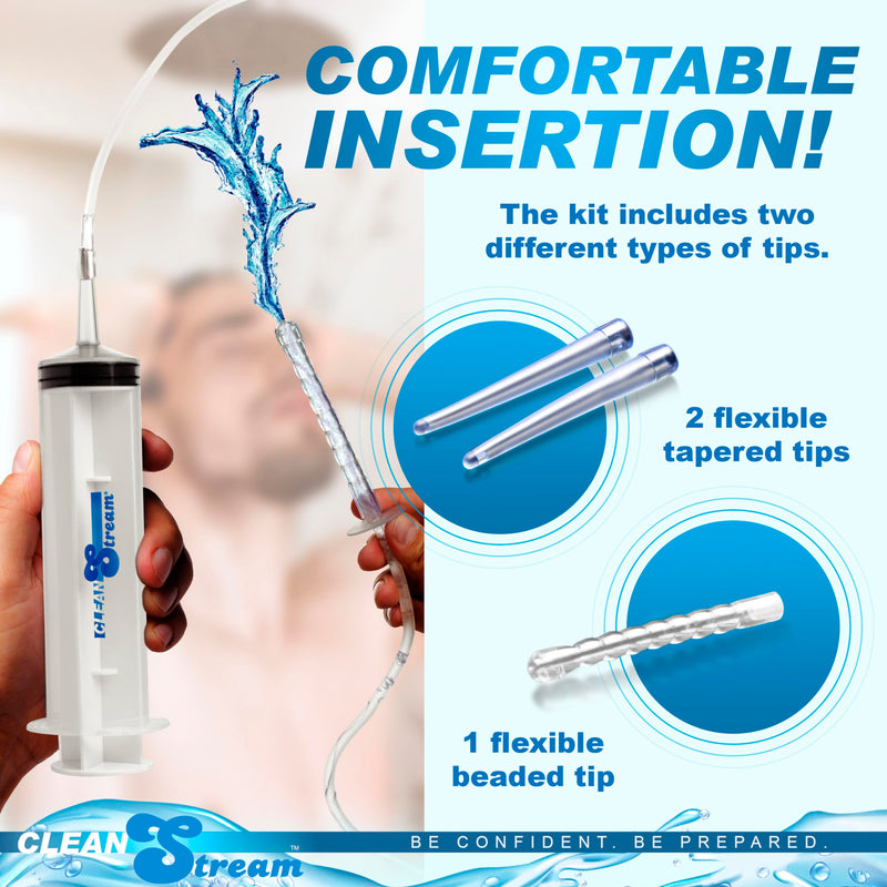 [Australia] - CLEANSTREAM 150mL Syringe w/Attachments for Beginners, Men, Women, & Couples. Fluid Syringe and Three Tapered Tips. Silicone Tube. 5 Pieces, Clear. 