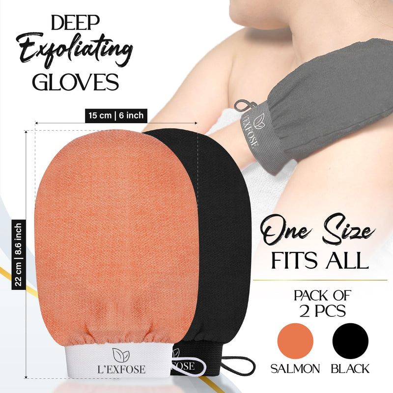 [Australia] - L'Exfose Kessa Hammam Deep Exfoliating Glove 2pc - Korean Exfoliating Mitt for Shower Ideal for Dead Skin Remover, Keratosis Pilaris & Self-Tanning to Improve Skin Tone Made with 100% Natural Viscose Salmon & Black 