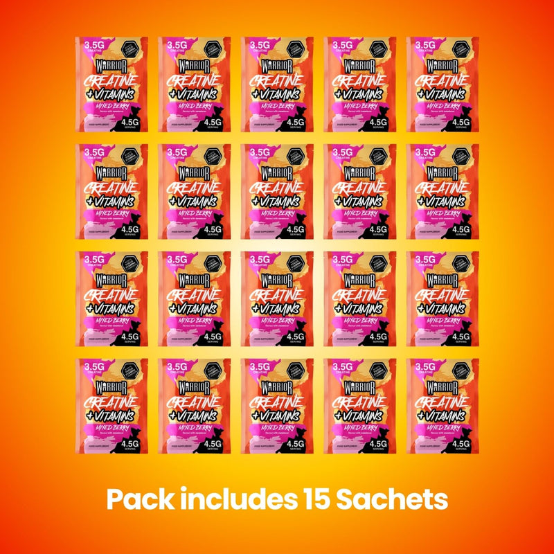 Warrior Creatine Plus Vitamins Sachets, Daily Wellness Drink Mix with 3.5g Creatine and Multivitamin Blend for Energy, Focus, Immunity and Vitality, Zero Sugar Mixed Berry, 15 Sachets