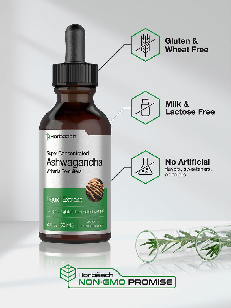 Horbäach Ashwagandha Root Liquid Extract | 2 fl oz | Alcohol Free Tincture | Vegetarian, Non-GMO, Gluten Free Supplement