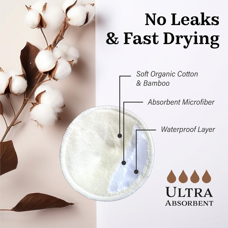 [Australia] - Non-Slip Nursing Pads, 14 Washable Organic Cotton Leakproof Breast Pads, Reusable, Soft, Absorbent, Dry and Eco-Friendly Breastfeeding Essentials 