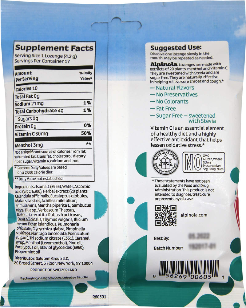 [Australia] - Alpinola Lozenges, Menthol, 20 Herbs and Vitamin C, Sugar Free Stevia, 17 Count Stevia Sugar Free 