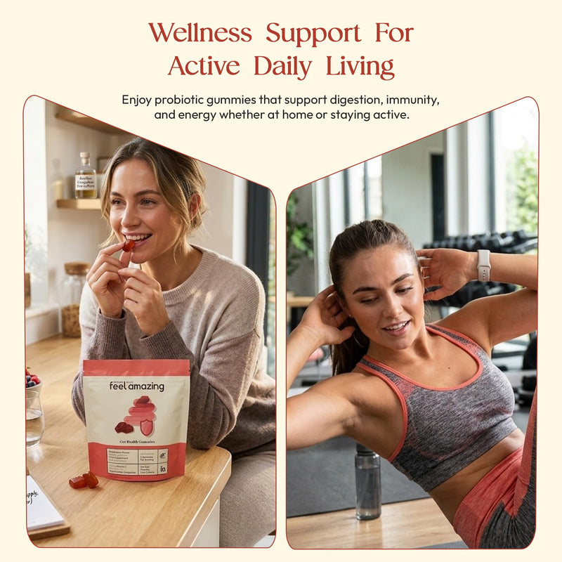 Feel Amazing Gut Health Probiotic Gummies - with 1 Billion Live Cultures & Vitamin C - 60 Orange-Flavoured Gummies - 1 Month Supply