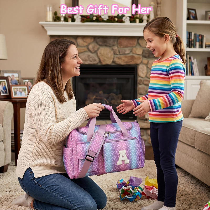 Birthday Gift for Teen Girl Gifts Trendy Stuff, Kids Duffle Bag | Girls Initial Travel Gym Bag with Shoes Compartment | Personalized Weekender Bags, Mermaid Purple E