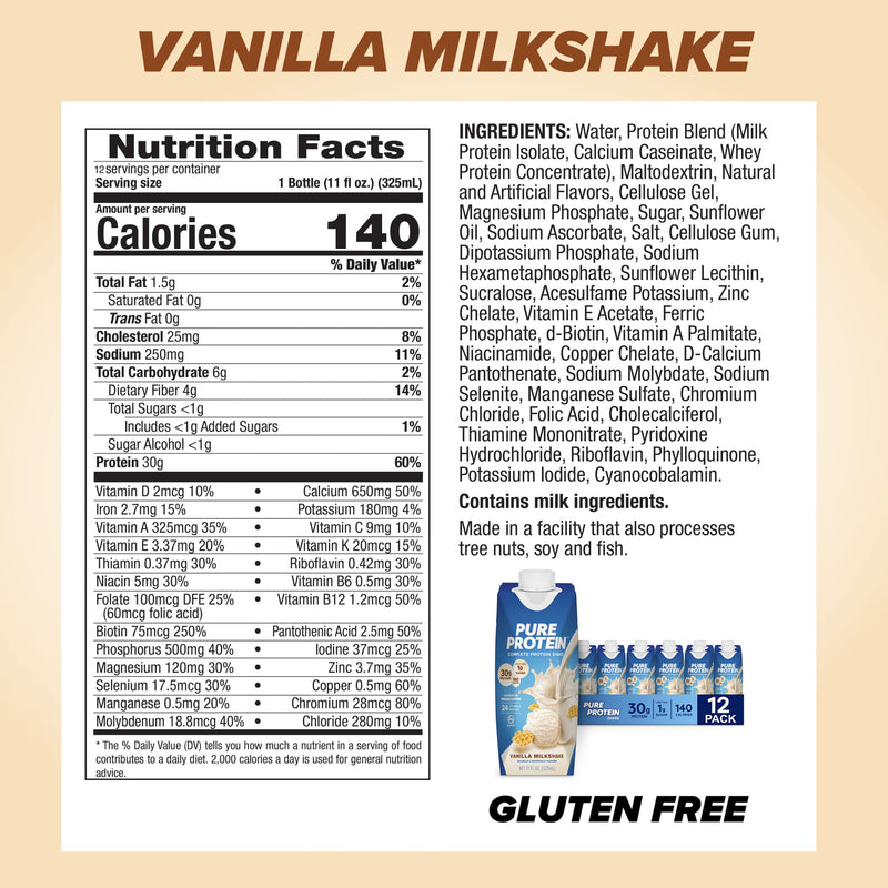 Pure Protein Vanilla Protein Shake, 30g Complete Protein, Vitamins A, C, D, and E plus Zinc & Bars, High Protein, Nutritious Snacks to Support Energy, Low Sugar, Gluten Free