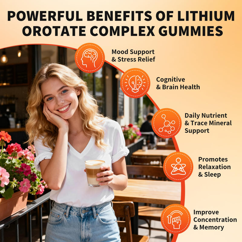 Lithium Orotate 5mg 10mg Gummies Lithium Supplements with Vitamin B, Magnesium & Selenium for Mood Support, Stress Relief, Brain Health, Non-GMO, Vegan, Gluten Free - Mixed Berry Flavor, 120 Gummies 120 Count (Pack of 1)