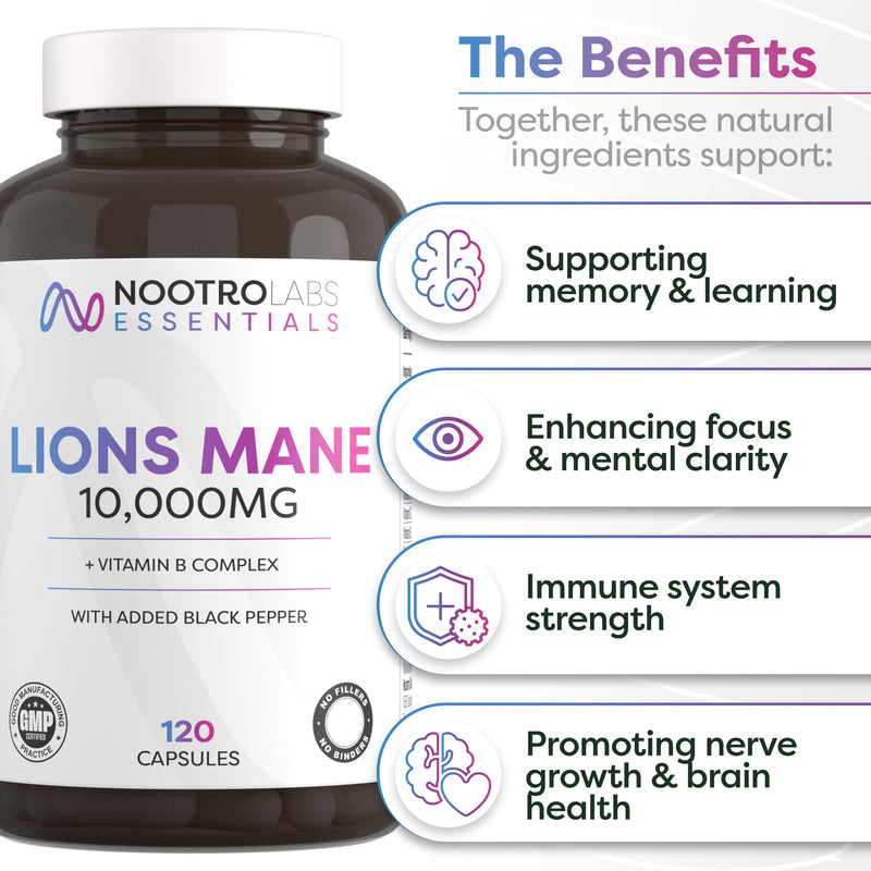 Nootro Essentials Lion's Mane Capsules, High Strength 10,000mg Lions Mane Supplement with Vitamin B Complex to Support Focus and Cognitive Function (60 Servings - 2 Month Supply)