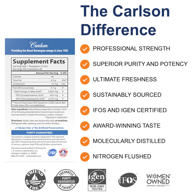 [Australia] - Carlson - Elite DHA, 2270 mg DHA, Professional Strength, Norwegian Fish Oil Concentrate, Cognitive Function & Vision Support, Orange, 100 mL 