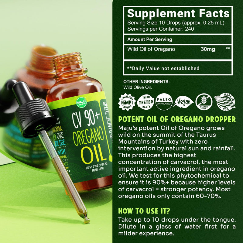 [Australia] - MAJU Oregano Oil Drops, Potent 90%+ Carvacrol (2 fl oz) Wild Mediterranean Essential Oil of Oregano Liquid, Aceite de Oregano, Immune and Seasonal Support, Compare to Organic 
