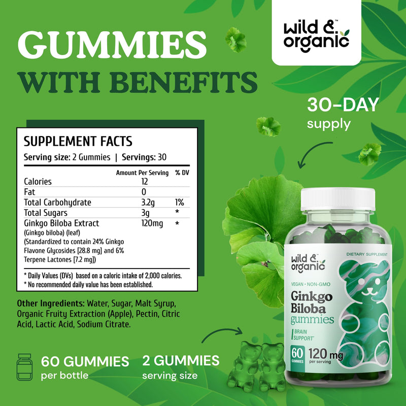 [Australia] - Wild & Organic Ginkgo Biloba Gummies 120mg - Brain Supplement Gummy for Mood & Focus - Energy Herbal Supplements - Vegan Non-GMO - 60 Chews 