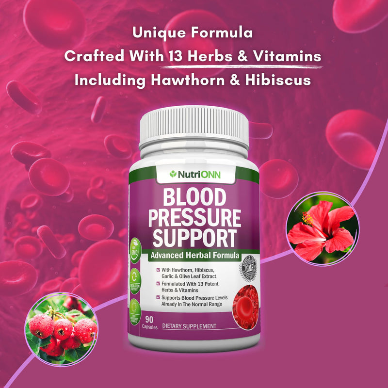 [Australia] - Blood Pressure Support Supplement - 13 Herbs & Vitamins - with Hawthorn, Hibiscus, Garlic & Olive Leaf Extract - Natural Supplement for Women & Men - High Strength Capsules - Non-GMO - 90 Day Supply 