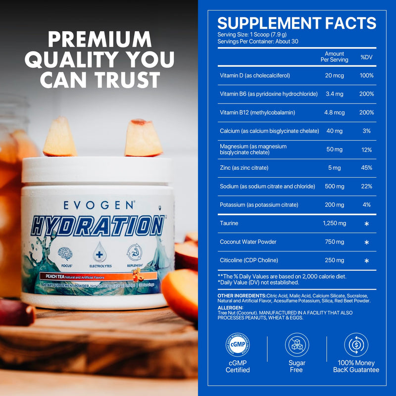 Evogen Hydration Sugar-Free Electrolytes | Peach Tea | 30 Servings | Potassium, magnesium, sodium, calcium and coconut water with citicoline, taurine and B vitamins for energy and focus Tub