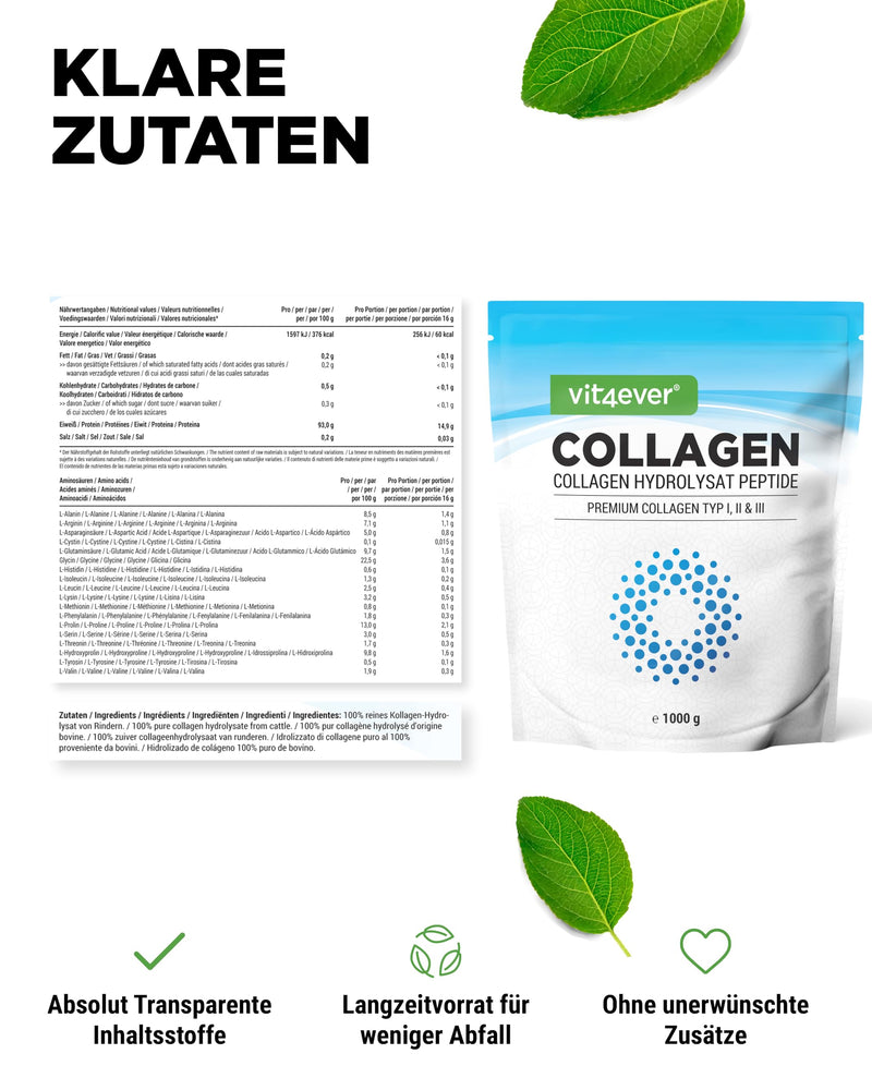 [Australia] - Collagen powder 1000 g - 100% bioactive collagen hydrolyzate peptides - collagen types 1, 2 & 3 - neutral in taste - without additives 1 kg 