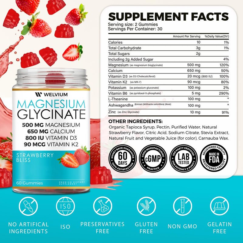 Magnesium Glycinate Gummies with Ashwagandha, L-Theanine & Vitamins | 500mg Magnesium Glycinate, D3, K2, B6, Calcium, Zinc, Potassium Supplement for Immune Support, Chewable Magnesium