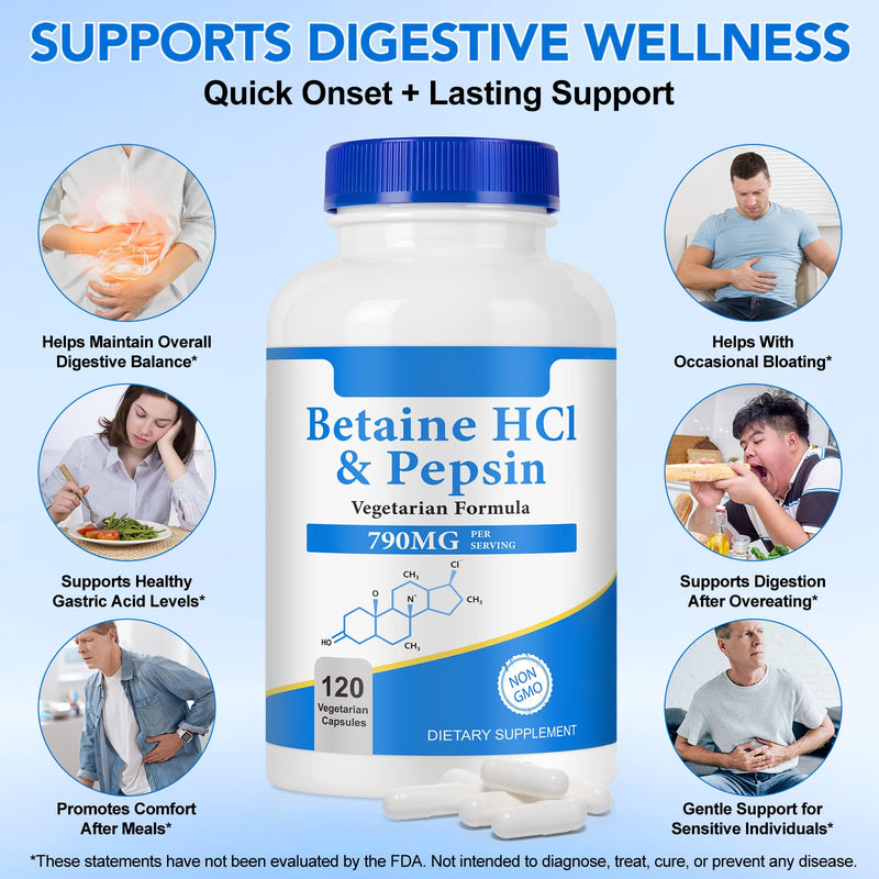 Betaine Hydrochloride (HCl) with Pepsin, 120 Capsules Betaine HCl Capsules Supports Healthy Digestion, Helps Maintain Acid Levels - Gluten Free