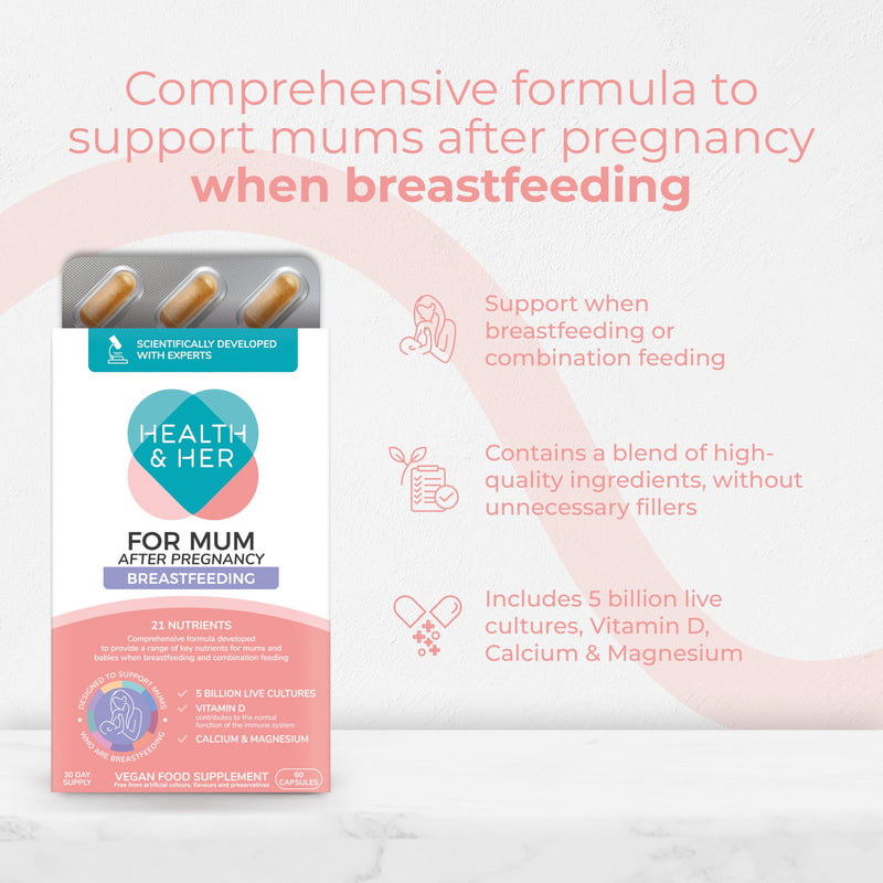 Health & Her For Mum After Pregnancy Breastfeeding Supplement - Postnatal vitamins for women - Contains 5bn live cultures, Vitamin D, Calcium, Magnesium - 1 month supply - 60 CAPSULES - Vegan & Gluten 60 count (Pack of 1)