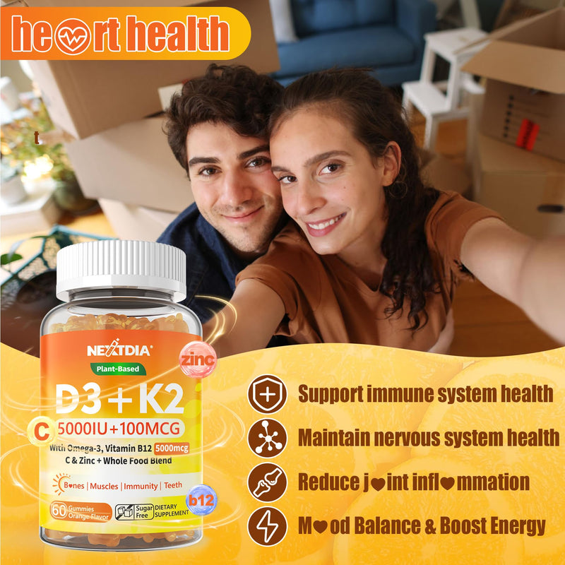 Nextdia Vitamin D3 K2 MK7 Gummies 5000IU with Magnesium Zinc for Adults | Whole-Food Plant-Based with Vitamin C, B12, Omega-3 & 5 Organic Veggies; Bone, Teeth, Energy & Immune Support, Sugar Free 60 Count (Pack of 1)