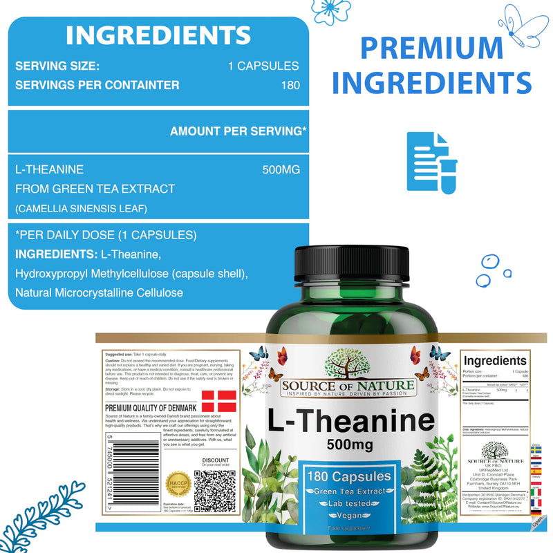 L-Theanine 500 mg – 180 Vegan Capsules – High Strength Amino Acid from Green Tea | 6-Month Supply | 98% Pure, No Additives | Danish Made