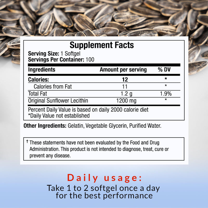[Australia] - Sunflower Lecithin Softgels for Men - 100 Softgels - Brain Health & Vitality Support - 1200mg Natural Formula - Non-GMO - Focus, Heart Health, Choline Rich - Optimal Absorption. 
