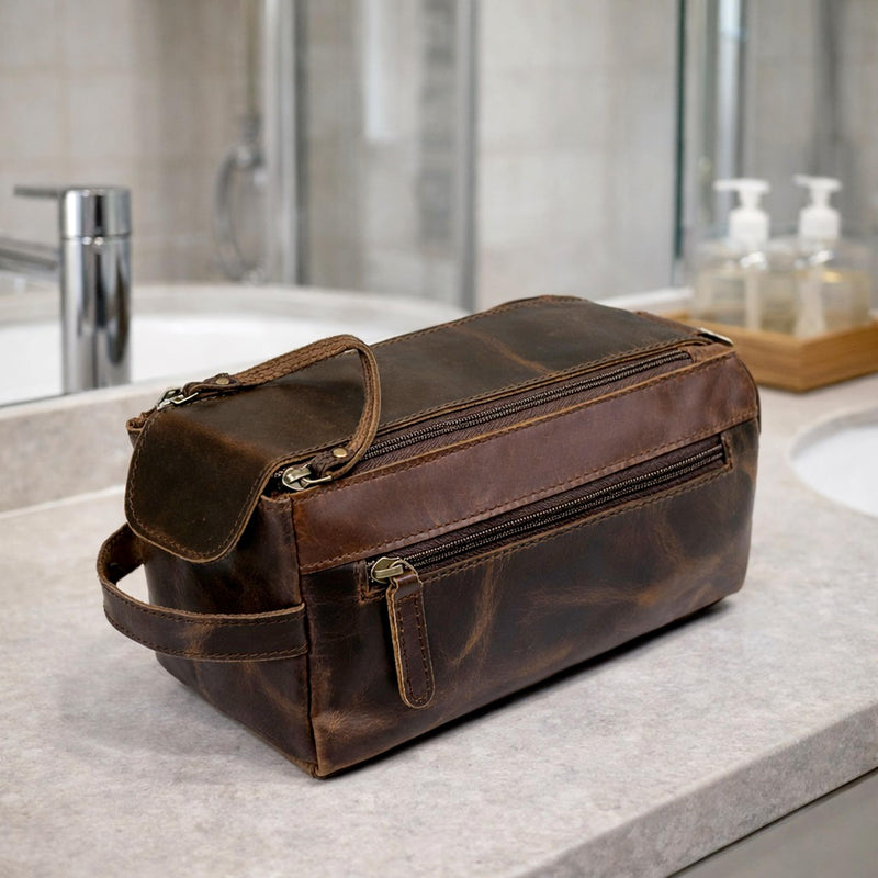 cuero Genuine Buffalo Leather Unisex Toiletry Bag Travel Leather Dopp Kit Made With High Class Buffalo Leather Brown