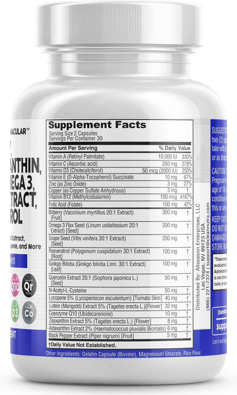 [Australia] - Eye Health Vitamins with Bilberry 6000mg Lutein & Zeaxanthin 40mg Lycopene 40mg Resveratrol 3000mg Grape Seed Extract 6000mg Omega 3 4000mg Astaxanthin - Eye Vitamin - 60 Capsules 