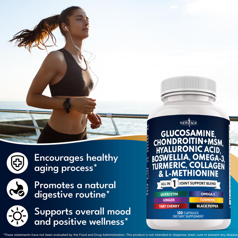 Glucosamine Chondroitin, MSM, Turmeric Curcumin, Collagen, Hyaluronic Acid, Omega 3 – Joint Health Supplement for Men & Women – 120 Count 120 Count (Pack of 1)