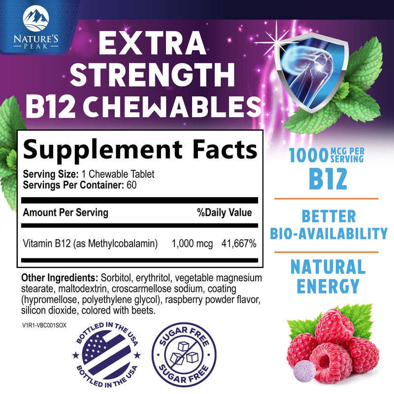 Vitamin B12 Complex (Methylcobalamin) 1000 mcg - 3X Strength B 12 Vitamins Supplement for Cellular Energy Metabolism, Nature's Nervous System Support, Bottled USA, Berry Flavor - 60 Chewable Tablets 60 Count (Pack of 1)