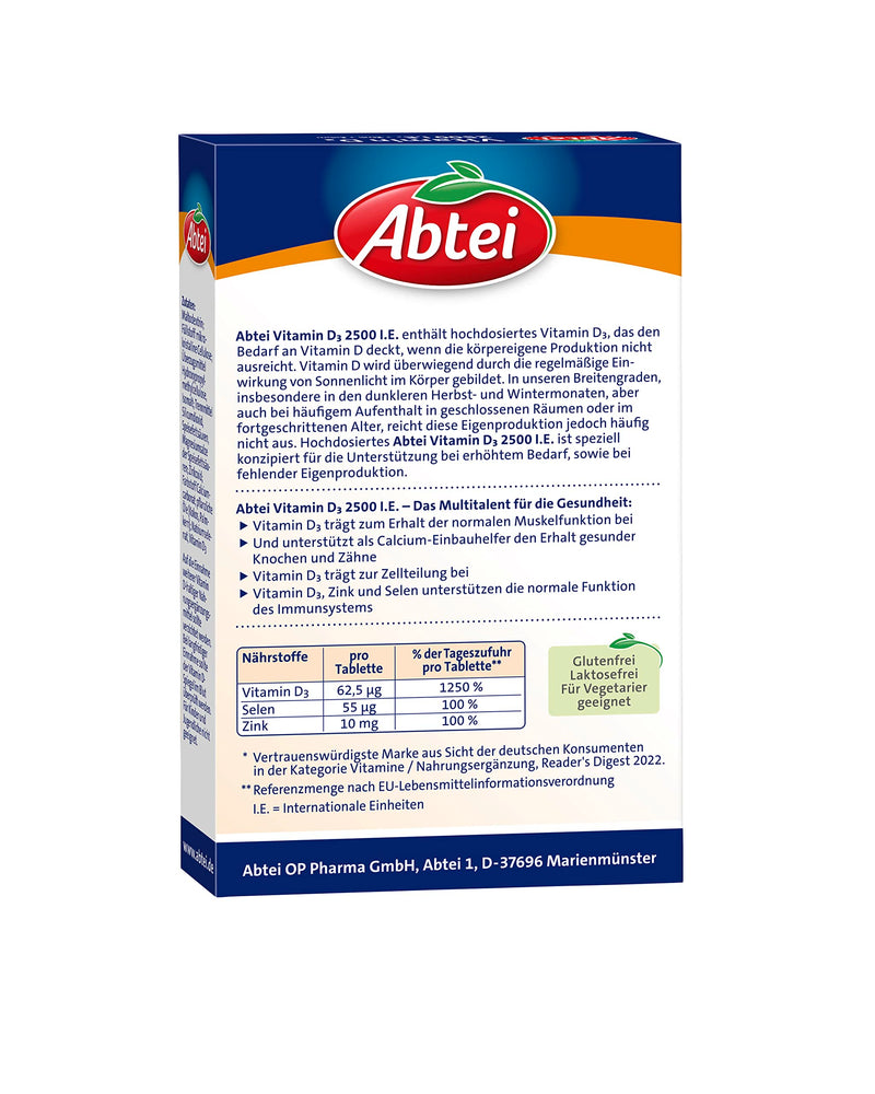 [Australia] - Abtei Vitamin D3 Forte Plus - with zinc and selenium to maintain healthy bones, teeth and support the immune system - 42 tablets 53 g, number of pieces 1 30 g (pack of 1) 