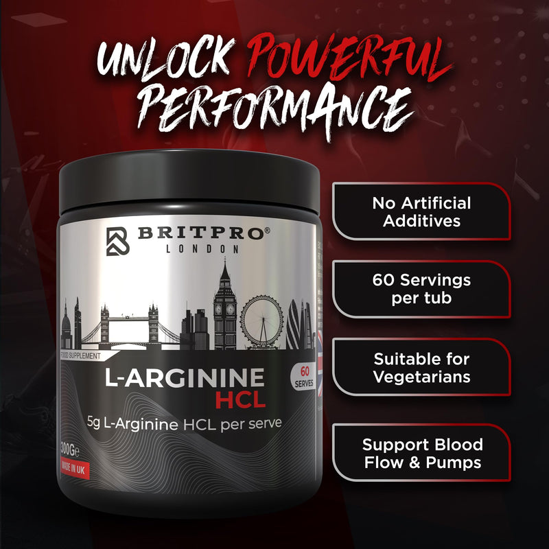 L-Arginine HCL, 300g - High Purity Powder - Supports Nitric Oxide Production & Blood Flow - Pre Workout Performance & Muscle Pumps - Circulation Support - Made in the UK