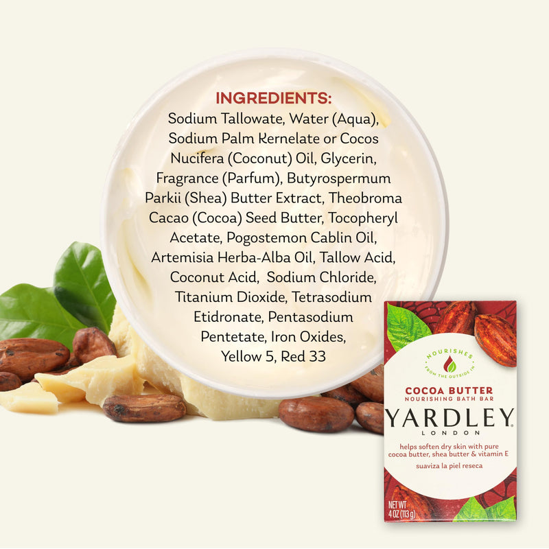 Yardley London Nourishing Bath Soap Bar Cocoa Butter, Helps Soften Dry Skin with Pure Cocoa Butter, Shea Butter & Vitamin E, 4.0 oz Bath Bar, 1 Soap Bar 1 Count (Pack of 1)