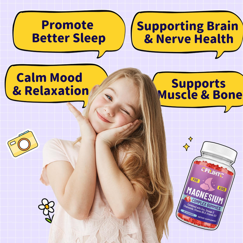 Kids Magnesium Gummies-Magnesium Glycinate Gummies for Kids Supplement-w/Zinc, Chamomile, Omega-3, Vitamin B6, D3 - for Sleep, Relaxation, Brain, Bones, Children's Calm, Sugar Free, 2 Pack Strawberry 60 Count (Pack of 2)