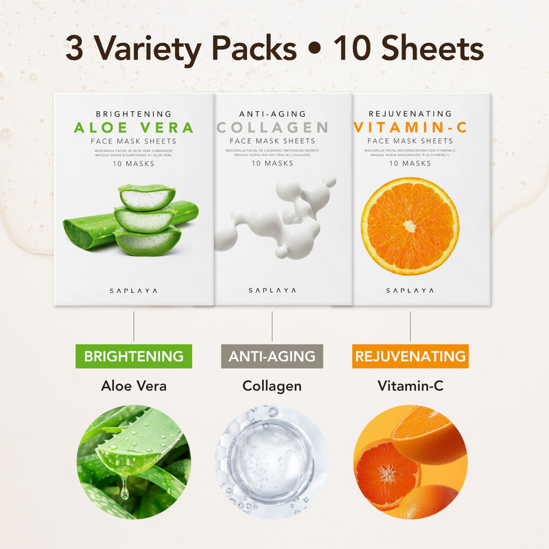 K-Beauty Facial Skincare Natural Beauty Multi-Pack Face Sheet Masks Balanced Skin Care Made In South Korea 10 Pack Vitamin-C
