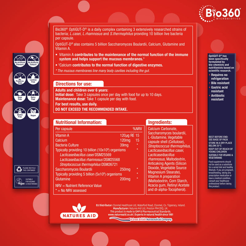 Natures Aid Bio360 OptiGUT-D Probiotic 10 Billion Live Bacteria - High Strength Vegan Digestive Gut Health Support - Gut Health Supplement for Adults & Kids - Gluten Free, Non-GMO - 30 Capsules | Digestion Support Bio360 OptiGUT-D 30 Capsules