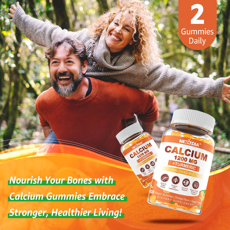 Calcium Gummies & Turmeric - Calcium 1200mg with Vitamin D3 K2 B12 5000 IU | Bone, Muscle Strength & Immune Support - Suger-Free Calcium Supplement for Women & Men - Vegan(120 Count) 60 Count (Pack of 2)