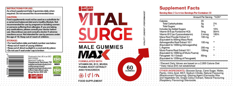 Vital Surge MAX Male Gummies, Maxed Out with Muira Puama and Fenugreek Plus Ashwagandha and Maca, Pack of 60