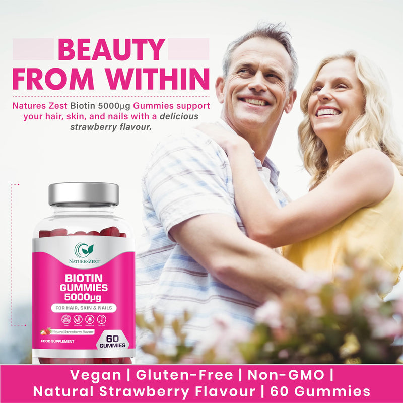 Biotin Gummies 5000µg - 60 Strawberry Gummies - High Strength Biotin Supplements (Vitamin B7) | Hair, Skin & Nails Support for Women & Men | Vegan, Non GMO, UK Made - By NATURES ZEST