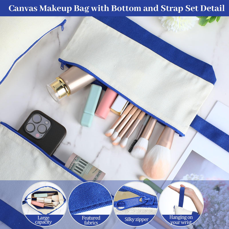 Silkfly 48 Pcs Cotton Canvas Makeup Bags Cosmetic Zipper Bags 10.2 x 5.5 x 2'' Blank DIY Pouch Bulk Pencil Case with Bottom Travel Toiletry Pouch for Women Craft Decor Gift (Beige and Blue) Beige and Blue