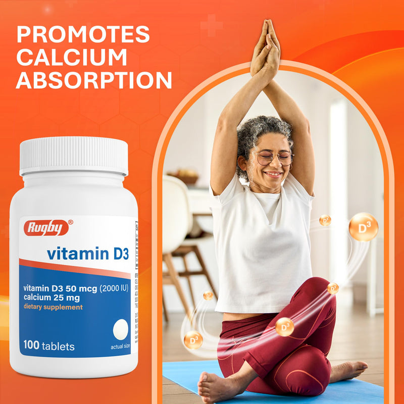Rugby Vitamin D3 2000 IU (50 mcg) Tablets with Calcium 25 mg, 100 Count | Gluten-Free Supplements, Helps Support Calcium Absorption, for Bones, Teeth & Immunity, for Low Sun Exposure & Aging Adults