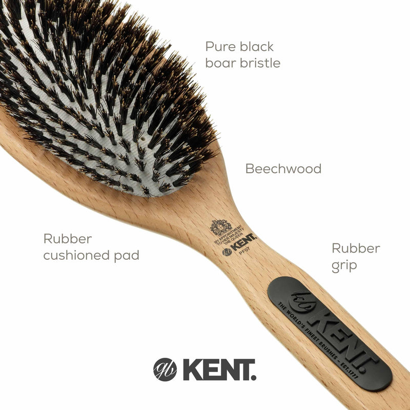 Kent PF07 Extra-Large 100% Boar Bristle and Non-Scratch Nylon Mix Cushion Brush - Wooden Detangling and Oval Smoothing Paddle Brush for Thin Hair - Made in England