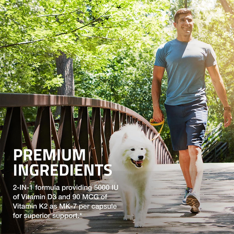 Bronson Vitamin K2 D3 (MK7) Supplement 2-in1 D3 & K2 Complex, 250 Capsules | Bone, Immune & Heart Health Support, Gluten Free, Soy Free, Non-GMO, Vitamin D3 5000IU (125 mcg) & 90 mcg K2 MK-7 250 Count (Pack of 1)