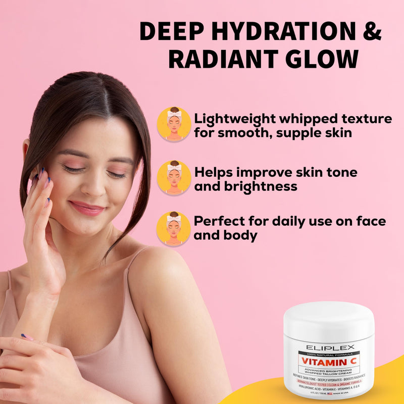 Whipped Tallow Cream – Vitamin C + Hyaluronic Acid | Grass-Fed Tallow, Deep Hydration & Glow | Regenerative Face & Body Balm | 4 oz.