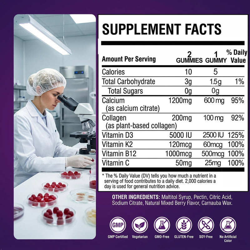 (2 Pack) Calcium Citrate 1200 mg Gummies with Collagen, Vitamin C D3 K2 B12 | Calcium Supplements For Women For Bone, Teeth & Muscle Healthy, High Absorption, Sugar Free, Vegan, Non-GMO, Berry Flavor 60 Count (Pack of 2)