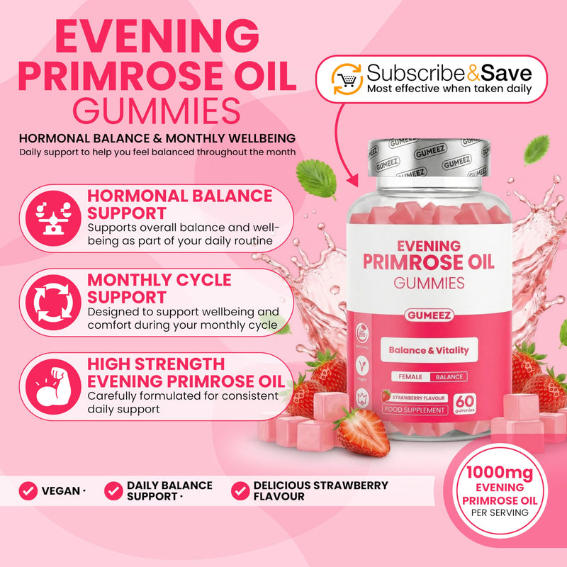 Evening Primrose Oil Gummies 1000mg – High Strength Supplement for Hormonal Balance, PMS & Menopause Support - Rich in Omega 6 Fatty Acids for Hair, Skin & Nails - Strawberry Flavour - 30 Day Supply