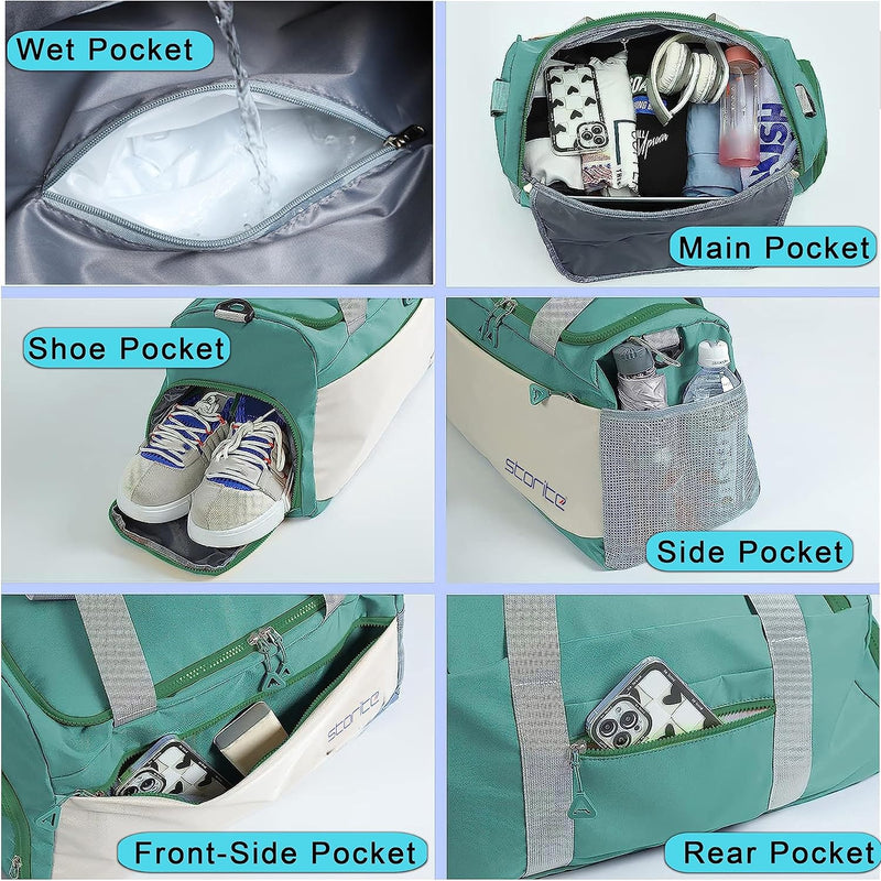 Storite Travel Duffle Bag with Shoe Compartment, Green/White, 51x22x28 cm | Water Resistant Nylon, Lightweight, Multi-Pocket, Wet Pocket, Adjustable Shoulder Strap, Travel, Gym, Weekend Trips
