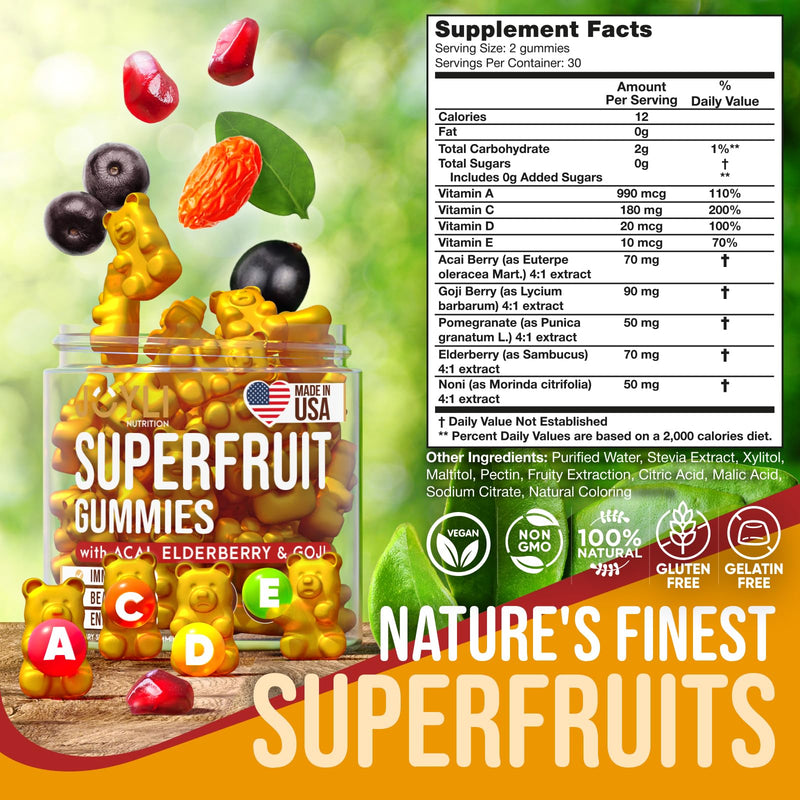 2 Pack - Multivitamin Fruit Gummies Vitamins A, C, D & E for Adults and Kids - Superfruit Gummy for Women&Men with Goji, Elderberry - Supports Immunity, Digestion&Energy - 60 Chewable Veggie Gummies 60 Count (Pack of 2)