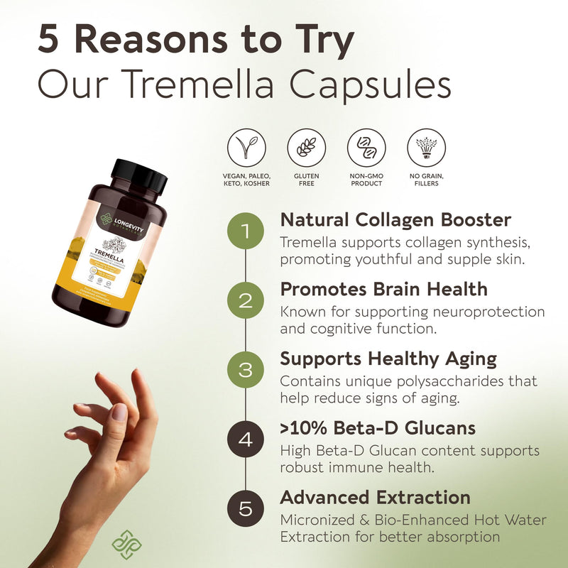 Tremella Mushroom Capsules Supplement (120) | Fruiting Body 10:1 High Strength Snow Fungus Extract | 10% Beta-D Glucans | 9 000mg Raw Equivalent Per Serving | No Fillers | Skin Hair & Brain Support Tremella Capsules 120