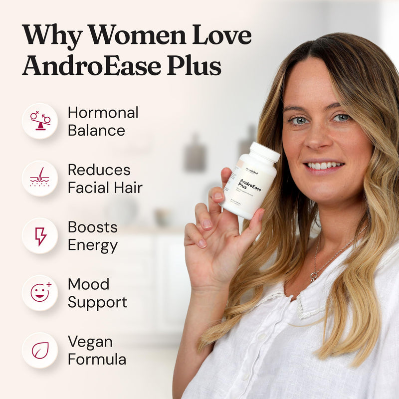 Nourished AndroEase Plus - Vegan Hormone Balance for Women, 60 Capsules | Daily Support for Energy, Vitality, Facial Hair with Zinc, Reishi, Green Tea & Saw Palmetto & Made in USA 60 Count (Pack of 1)