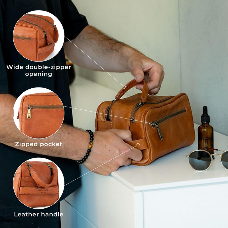 BERLINER BAGS Vintage Genuine Leather Toiletry Bag For Men Tim M, Brown | Leather Travel Bag, Large Capacity, 2 Zippered Compartments, Leather Handles, Cosmetics Bag for Men and Women Brown M